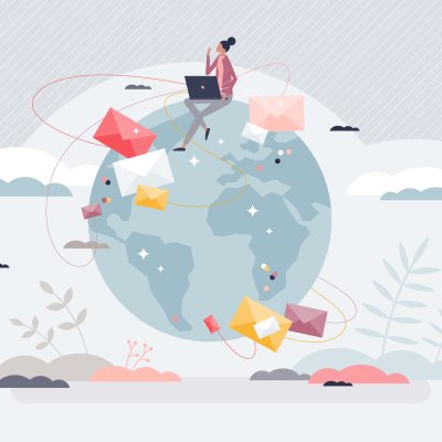 una ragazza è seduta sul globo terrestre, comunica con tutti